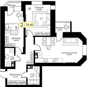 Двухкомнатная квартира № 166
