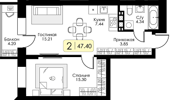 Двухкомнатная квартира № 129 