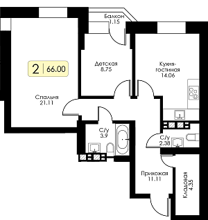 Двухкомнатная квартира № 132 