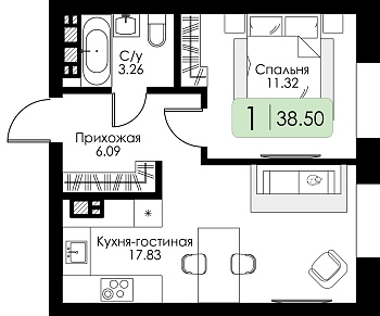 Однокомнатная квартира № 2